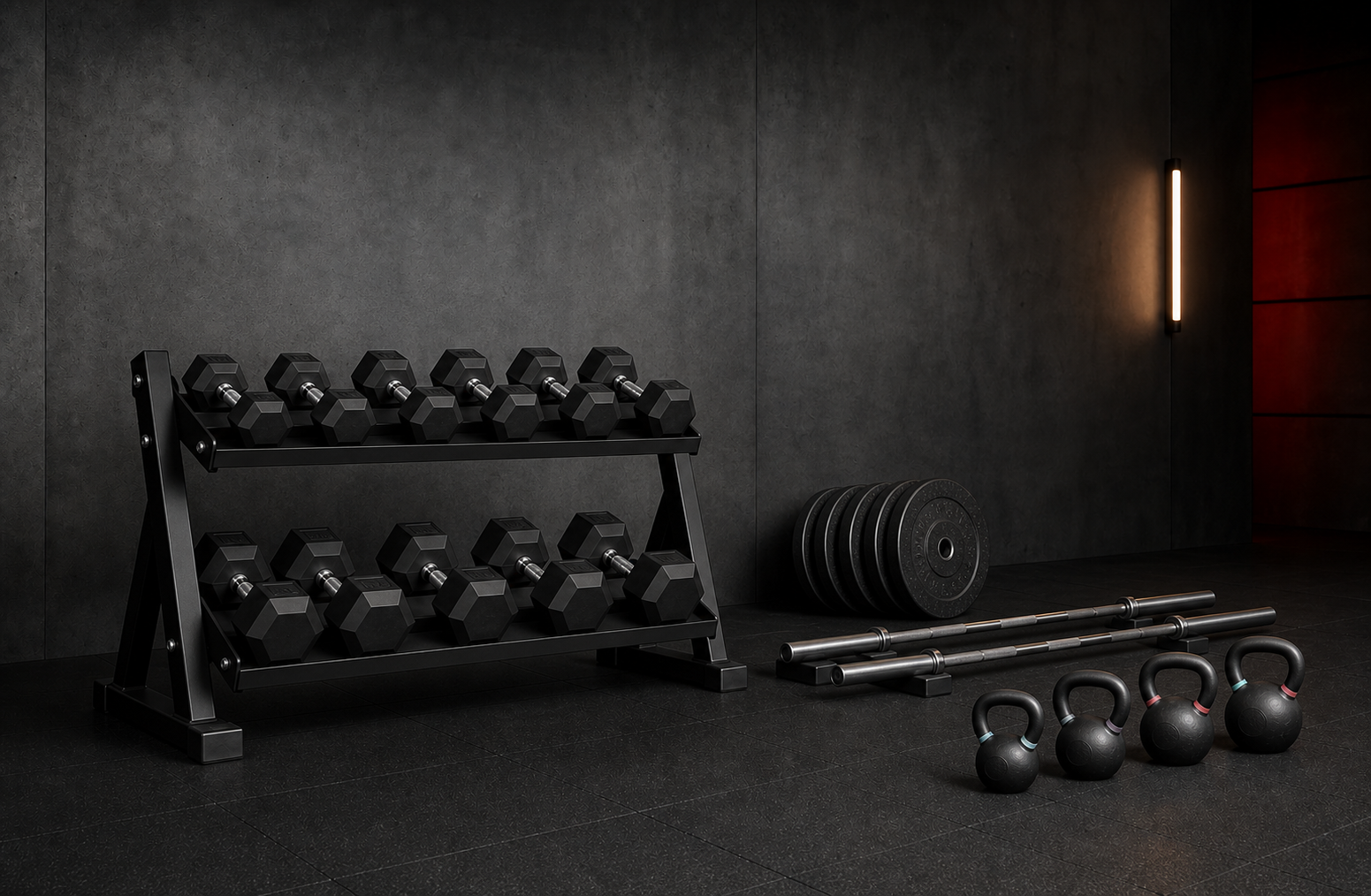 Hex dumbbells, Olympic bars, weight plates and kettlebells